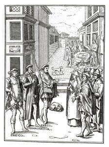 Joos de Damhouder（1507-81）によるPraxis Rerum Civiliumの木版画の後のTown Crierによる販売、アントワープ、1557 作： Dutch School