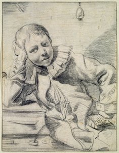 彼の机にいる少年、1630-45年頃（紙にチョークで書く） 作： Dutch School