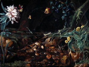 花と爬虫類のいる窪地の小川（油彩・キャンバス 作： Dutch School