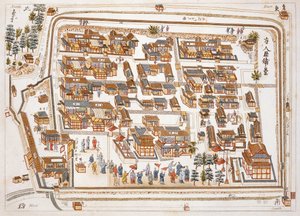 1822年にロンドンで出版されたアイザックティッティンク（c.1740-1812）による日本のイラストから1688年に設立された南ヶ崎のテンチャン通りにある中国工場 作： Dutch School