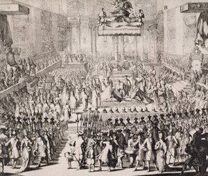 1689年4月21日、ウェストミンスター寺院でのウィリアムオブオレンジ（1650-1702）とメアリー（1662-94）の戴冠式 作： Dutch School