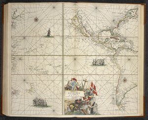 「The great new Augmented Sea Atlas or te water world」の太平洋。 地球のすべての海岸をため息で見せて...」、Claas Jansz Vooght著 作： Dutch School