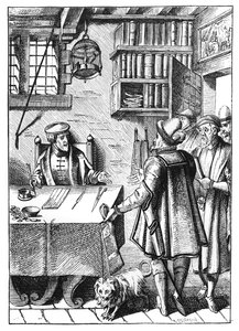 Joos de Damhouder（1507-81）によるPraxis Rerum Civiliumの木版画の後の税の受領者、アントワープ出版、1557 作： Dutch School