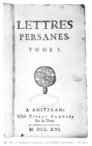 チャールズ・ド・モンテスキュー（1689-1755）1721年のLes Lettres Persanesのタイトルページ 作： Dutch School