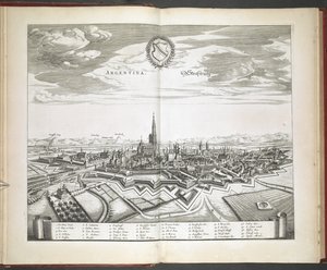 「上層ドイツ全体の都市、古代および新しい絵画の中で最も輝かしく輝かしく、最も正確に精巧に描かれた」からのストラスブールの眺め 作： Dutch School