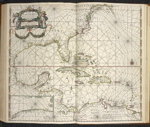 西インド諸島、「The great new Augmented Sea Atlas or te Water World」より。 地球のすべての海岸をため息で見せて...」、Claas Jansz Vooght著 作： Dutch School
