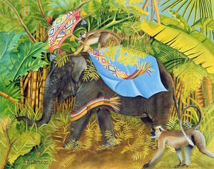 2005年のサルとパラソルの象（キャンバスにアクリル絵具）