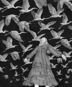空を舞うサギたちと、幻想的な女性 作： 