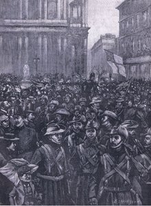 1900年代のカッセルズヒストリーオブイングランドのイラストを基に、メイションハウスからウォータールーステーションに向かうルートゲートヒルを行進しているCIV 作： E.S. Hodgson