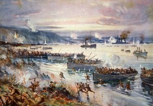 ガリポリへのオーストラリア軍の上陸、1915年4月（カラーリトグラフ 作： E.S. Hodgson
