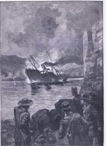 スペイン系アメリカ人戦争：メリマックの沈没、1900年代のイングランドのカッセル歴史からの挿絵 作： E.S. Hodgson