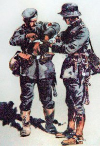 西部戦線で負傷した将校を治療する救急隊員 作： E. (after) Dobrich