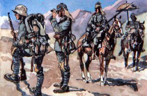 1917年のドイツ軍の制服、マケドニア戦線（カラーリトグラフ） 作： E. (after) Dobrich