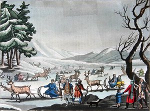 トナカイの引くソリに乗って冬の野営地を離れるツングース族（1820年頃）（カラー図版 作： E. (after) Karnejeff