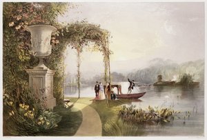 「イングランドの庭園」からのトレンタムホールガーデンズ湖、1857年に発行（クロモリト） 作： E. Adveno Brooke