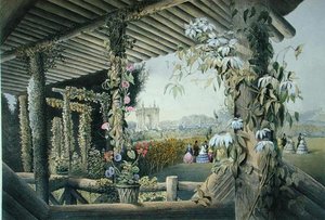 1857年に出版された「Gardens of England」から「Shrublands, Rustic Seatからの眺め」（カラーリトグラフ）。 作： E. Adveno Brooke