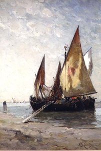 海岸に停泊している漁船 作： E. Aubrey Hunt