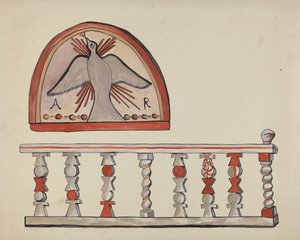 チマヨのサンクチュアリにある平野焼け祭壇レール教会の祭壇教会からのルネット 作： E. Boyd