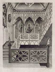 ホレイスウォルポール作「ストロベリーヒルの説明」（1784年）から、J。ニュートンによって彫刻されたストロベリーヒルの階段 作： E Edwards