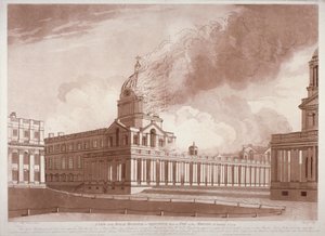 1779 年 1 月 2 日の朝、ロンドンのグリニッジ病院の火災の様子 作： E Edye