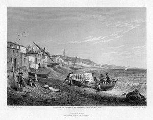 コゴレート、イタリア、コロンバスの生誕地、1828年。 作： E. Finden