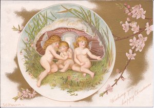 毒キノコの下で雨から避難する妖精のグループのビクトリア朝のクリスマス、Gertrude Thompson作、1895年頃（カラーリソ）