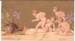 金色の背景にカタツムリをからかう4人の裸の妖精のビクトリア朝のグリーティングカード、Gertude Thompson作、1895年頃（カラーリソ）