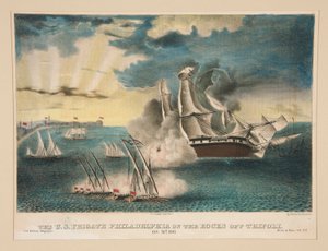 トリポリ沖の岩の上に立つ米フリゲート艦フィラデルフィア