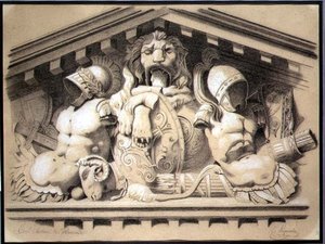ルーヴル美術館の彫刻的ペディメント（木炭、白チョーク、紙）