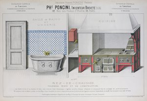 キッチンとバスルームのデザイン、「Poncini」カタログのイラスト、19世紀後半（カラーリトグラフ 作： E. Le Baron