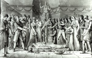 クラブデコルデリエ礼拝堂のジャンポールマラットの葬儀（1743-93）、1793年7月16日、c.1793（紙にペンとインク）（bw写真） 作： E. Le Sueur