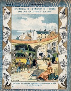 Diligence en 1840 - la cour des messageries - Stagecoach in 1840 - From a protective sleeve for school books, late 19th century - illustration by E. Letellier - Protege notebook historique, fin 19th century. 作： E. Letellier