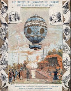 初の有人自由気球飛行、ピラトル・ド・ロジエとアーランド侯爵、1783年11月21日、フランス・パリのブローニュの森からモンゴルフィエ（熱気球）で飛行 - 19世紀後半、学校図書の保護スリーブより - 熱気球による初飛行 作： E. Letellier