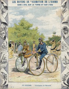 Pierre Michaux and Michaudine velocipedes - From a protective sleeve for school books, late 19th century - velocipedes a pedale (les michaudines) by Pierre Michaux (1813-1883)