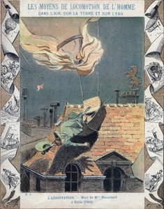 飛行家ジャン・ピエール・ブランシャールの妻、マリー・ブランシャールの死は、1819年6月6日、パリ上空でのデモンストレーション中に彼女の気球が炎上したことによるもので、19世紀後半の学校図書用保護スリーブより - Mort de Madame Blanchard - 1819年7月16日、私は 作： E. Letellier