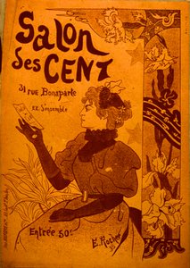 招待状を調べる女性、サロン・デ・サン 作： E. Rocher