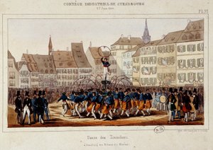 1840年6月25日、ストラスブールで行われた産業行列の際のLa danse des tonneliersの様子。シモンのリトグラフ 作： E. Simon