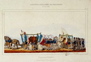 1840年6月25日、ストラスブールで行われた産業行列の際の醸造家と調理師の踊り。シモンのリトグラフ 作： E. Simon