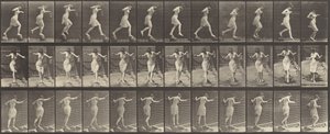 プレート番号 175. 飛び石で小川を渡り、釣り竿と缶を使用、1887 年。 作： Eadweard Muybridge