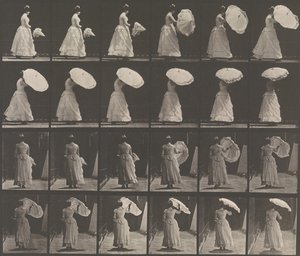 [パラソルを開く女性]、1883-86、1887年に印刷。 作： Eadweard Muybridge