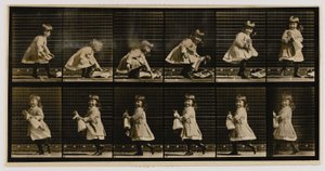 子供が人形を持ち上げ、向きを変えて歩き出す（『動物の運動』より 作： エドワード・マイブリッジ