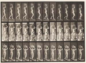 プレート123。降順傾斜、頭に20ポンドのバスケット、挙手、1872〜1885 作： Eadweard Muybridge