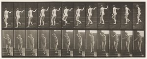 プレート132。階段を下り、周りを見回して手を振る 作： Eadweard Muybridge