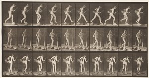 プレート177。釣り竿とバスケットでステップストーンの小川を渡る 作： Eadweard Muybridge