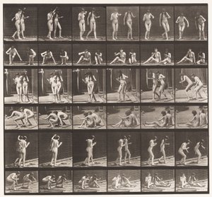 プレート245。地面に座って周りを回る2つのモデル 作： Eadweard Muybridge
