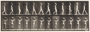 プレート27.歩く、頭に70ポンドの石を運ぶ、手を上げる 作： Eadweard Muybridge