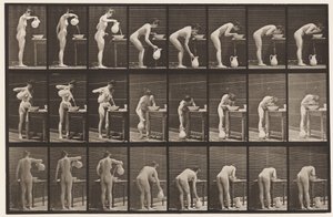 プレート413。洗面器に水を注ぎ、顔を洗う 作： Eadweard Muybridge