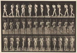 プレート46歩いて、扇風機をなびかせて、振り向く 作： Eadweard Muybridge