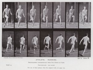 動いている人間の姿。アスリート、ランニング（モノクロ写真 作： Eadweard Muybridge