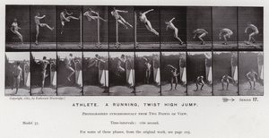 動いている人間の姿。走るアスリート、ひねるハイジャンプ（モノクロ写真 作： Eadweard Muybridge